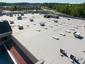 TPO-Roofing-McKinney-TX-Texas-2 | Anderson Industrial Roofing Flat commercial rooftop with numerous HVAC units and skylights, bordered by trees in the distance.