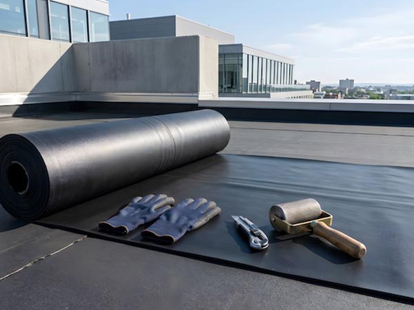 EPDM-Roofing-Grand-Prairie-TX-Texas-1 | Anderson Industrial Roofing Rooftop scene with a large roll of black roofing membrane and gloves, a utility knife, roller, and hammer laid out on the surface with buildings in the background.