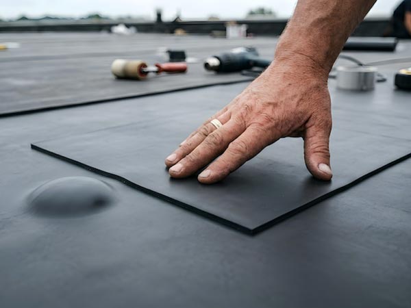EPDM-Roofing-Grand-Prairie-TX-Texas-2 | Anderson Industrial Roofing Person presses down seam on a flat rubber roofing membrane during installation, with tools blurred in the background.