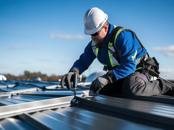 Roof-Maintenance-Grand-Prairie-TX-Texas-1 | Anderson Industrial Roofing Construction worker in a hard hat and safety vest fastens metal roof panels with a power drill on a sunny rooftop.