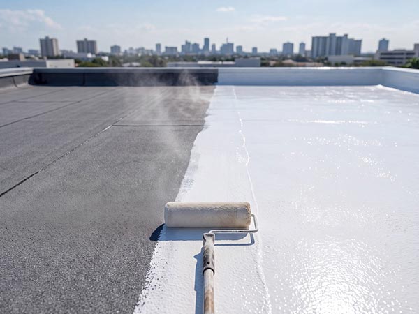 Roof-Restoration-Grand-Prairie-TX-Texas-1 | Anderson Industrial Roofing Worker applies white roof coating with a paint roller on a flat rooftop, dark asphalt on the left and a city skyline in the distance.